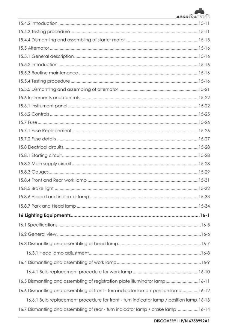 May include: A detailed table of contents from a manual, featuring sections on lighting equipment, electrical circuits, and instruments. The document includes the text "ARGOTRACTORS" and "DISCOVERY II P/N 6758992A1".