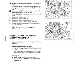 Puede incluir: Diagrama de instrucciones para la extracci&oacute;n e instalaci&oacute;n de un conjunto de motor oscilante. Incluye pasos numerados para desconectar mangueras y quitar pernos. El conjunto del motor oscilante pesa 110 kg.