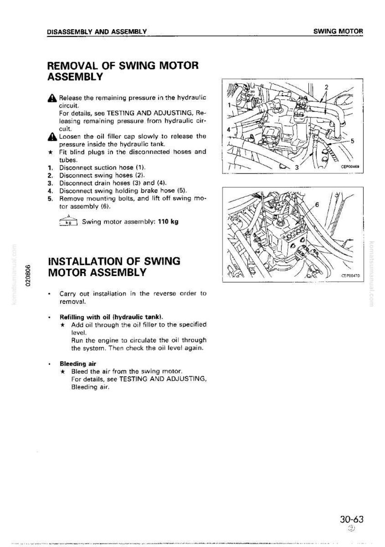 Puede incluir: Diagrama de instrucciones para la extracci&oacute;n e instalaci&oacute;n de un conjunto de motor oscilante. Incluye pasos numerados para desconectar mangueras y quitar pernos. El conjunto del motor oscilante pesa 110 kg.