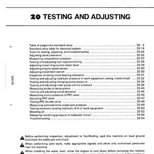 May include: Page from a manual titled "20 Testing and Adjusting." The page includes a table of contents with various testing and adjustment procedures, along with safety warnings and instructions.