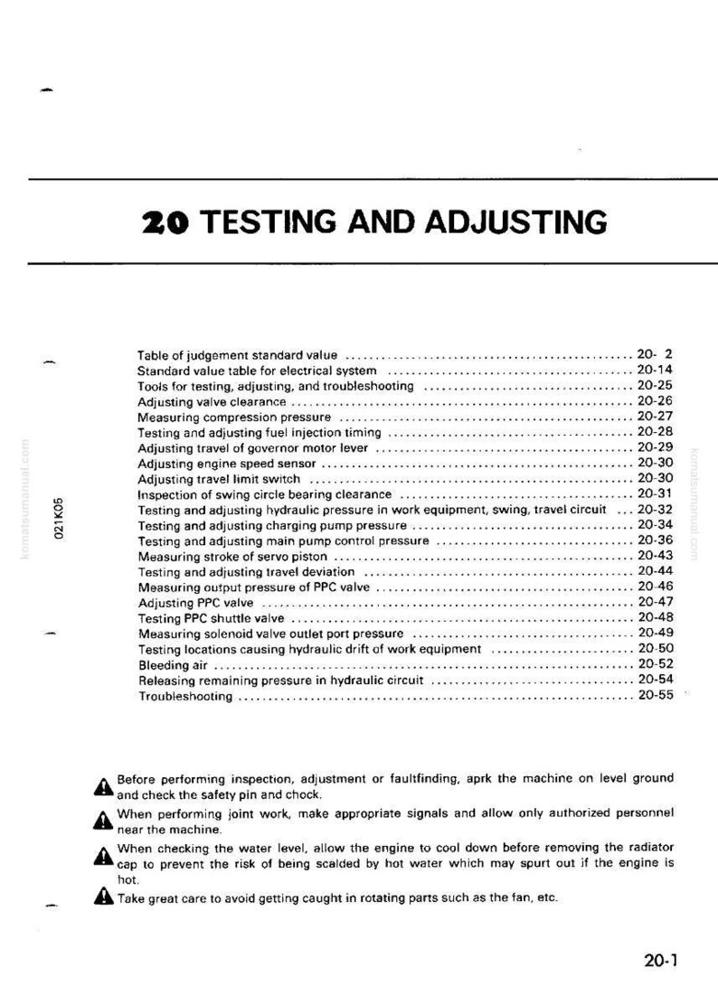 May include: Page from a manual titled "20 Testing and Adjusting." The page includes a table of contents with various testing and adjustment procedures, along with safety warnings and instructions.