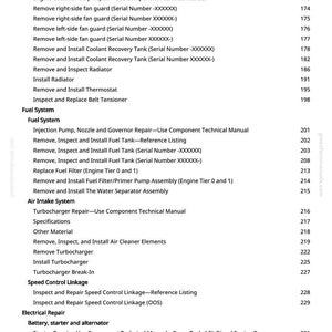 May include: A page from a manual with a list of engine repair and maintenance procedures. The text includes sections on cooling, fuel, and air intake systems, with page numbers and serial numbers.