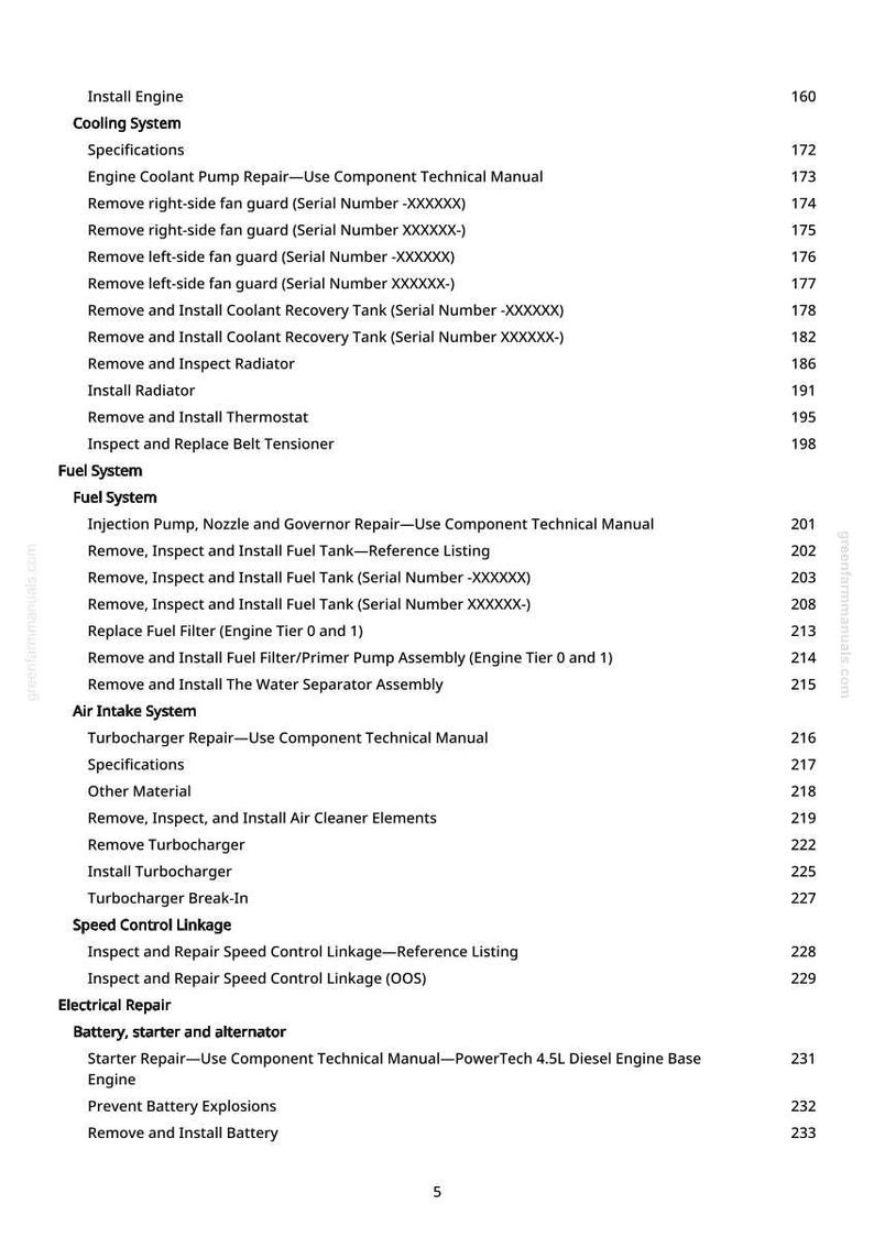 May include: A page from a manual with a list of engine repair and maintenance procedures. The text includes sections on cooling, fuel, and air intake systems, with page numbers and serial numbers.