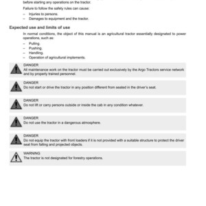 Op de afbeelding: Een pagina uit een tractorhandleiding met het Argo Tractors-logo. De tekst bevat veiligheidsinstructies, waarschuwingen en technische notities over het gebruik en de beperkingen van de tractor. De handleiding is in het Nederlands.