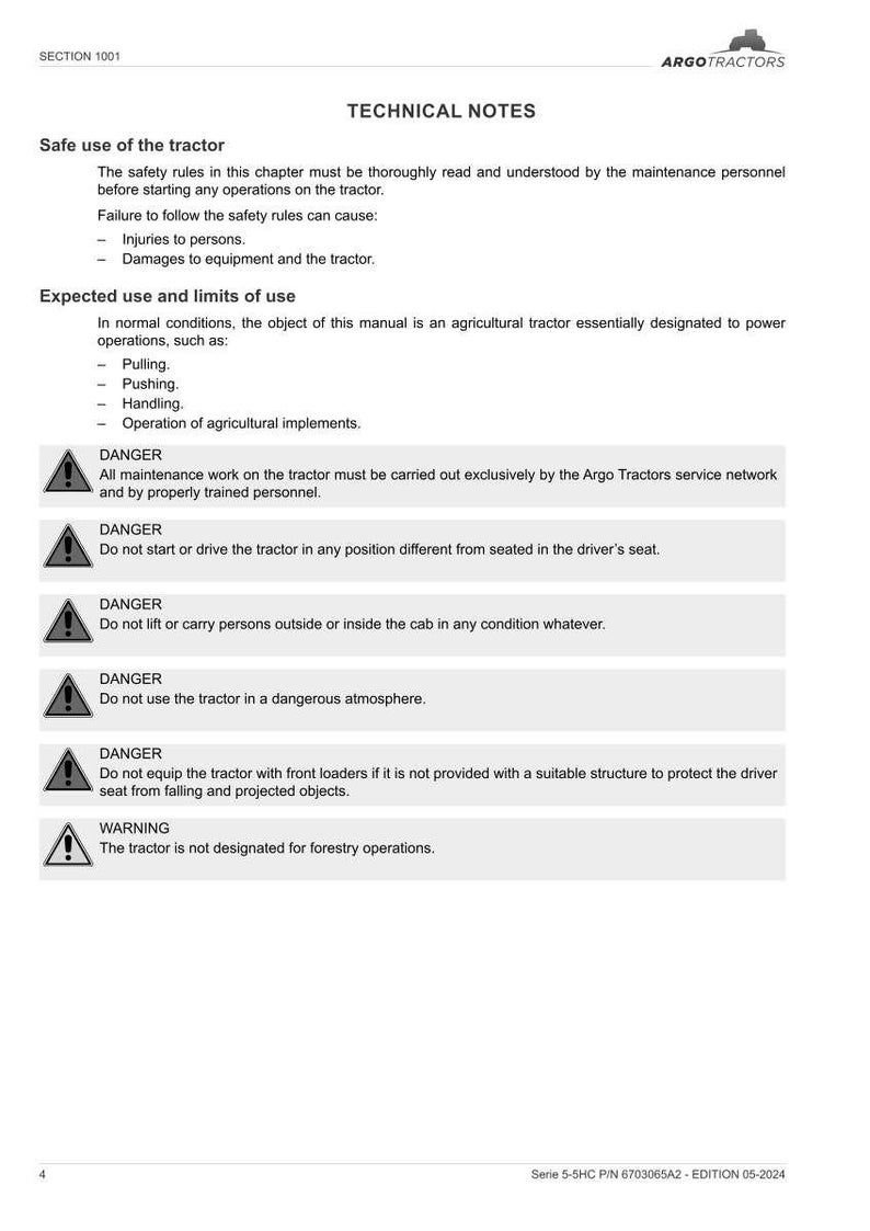 Op de afbeelding: Een pagina uit een tractorhandleiding met het Argo Tractors-logo. De tekst bevat veiligheidsinstructies, waarschuwingen en technische notities over het gebruik en de beperkingen van de tractor. De handleiding is in het Nederlands.