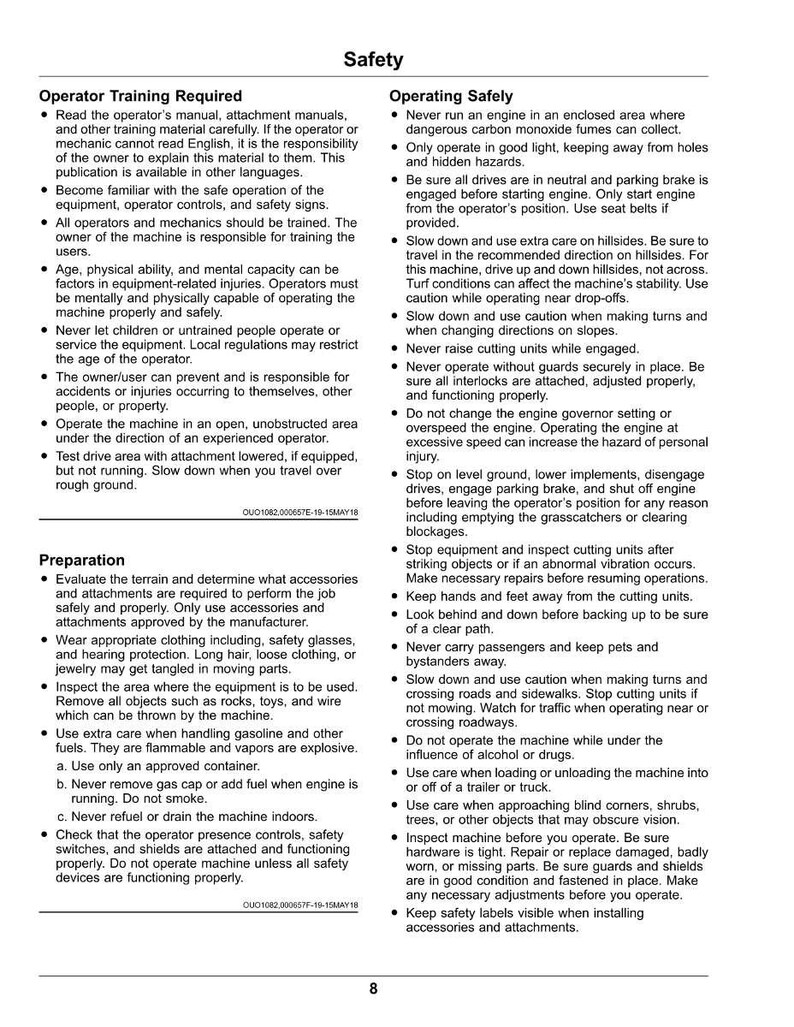 May include: A page from a safety manual with the title "Safety." The text provides instructions on operator training, safe operation, and preparation for equipment use. Includes warnings about hazards and proper procedures.