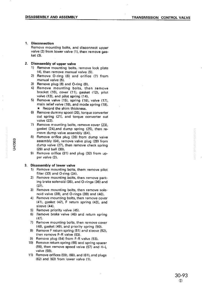 May include: A detailed technical diagram titled "Disassembly and Assembly" for a transmission control valve. The document lists numbered steps for disassembling upper and lower valves, including removing bolts, springs, and plugs. The page number is 30-93.