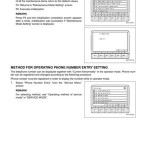 May include: A technical document with instructions for setting and operating a machine monitor. The document includes screenshots of the monitor interface, with text such as "All Default Value" and "Phone Number Entry".