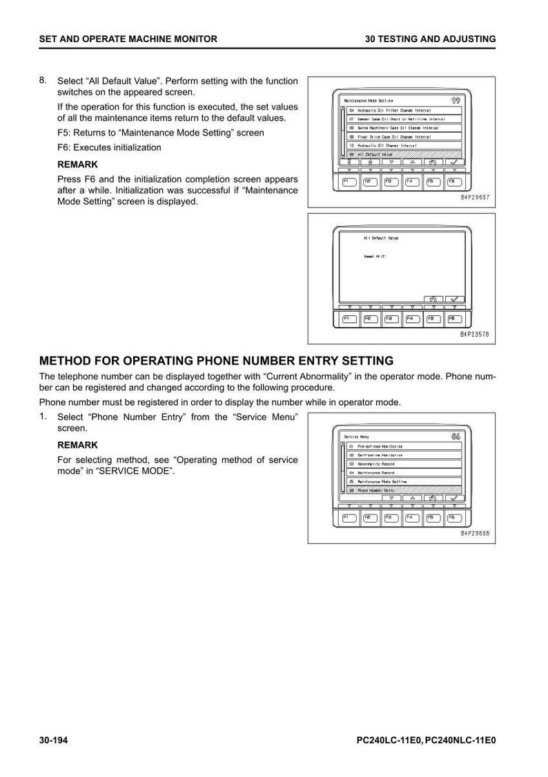 May include: A technical document with instructions for setting and operating a machine monitor. The document includes screenshots of the monitor interface, with text such as "All Default Value" and "Phone Number Entry".