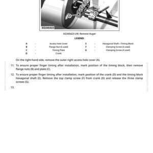 May include: Diagram of a mechanical component with labels and instructions for removing an auger. The image includes a close-up of the component with labels A through G, and text instructions for disassembly.