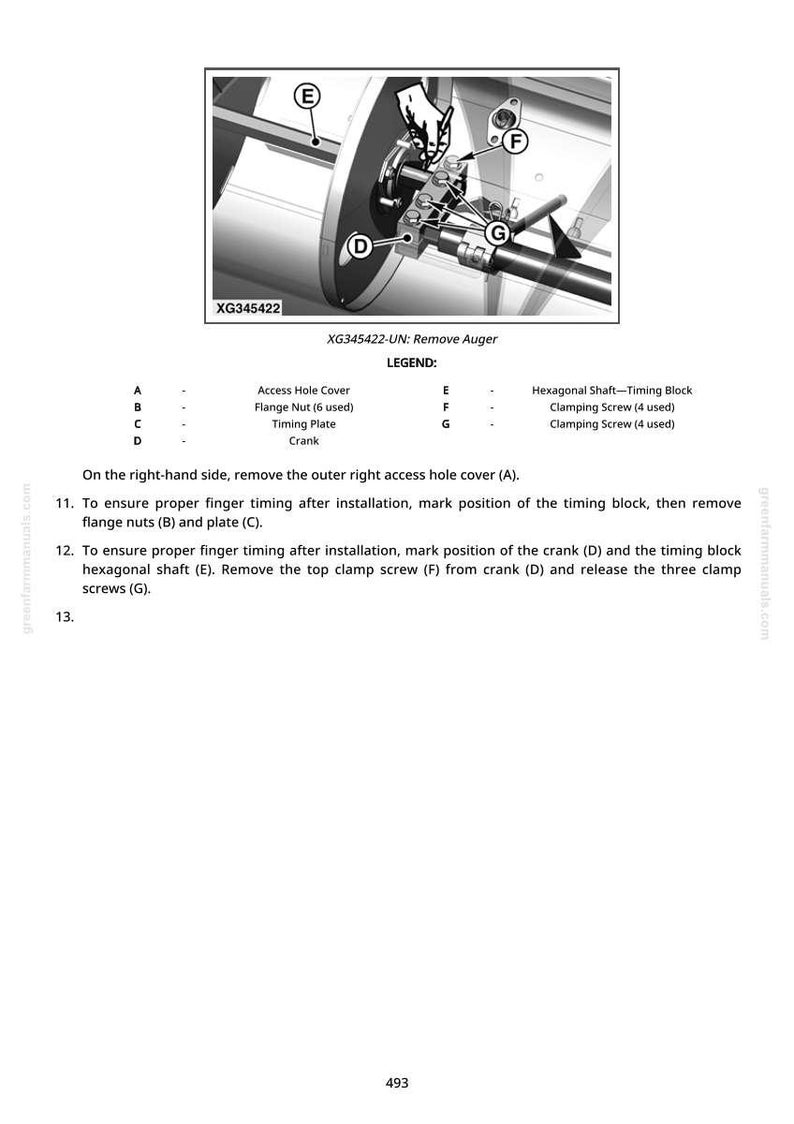 May include: Diagram of a mechanical component with labels and instructions for removing an auger. The image includes a close-up of the component with labels A through G, and text instructions for disassembly.