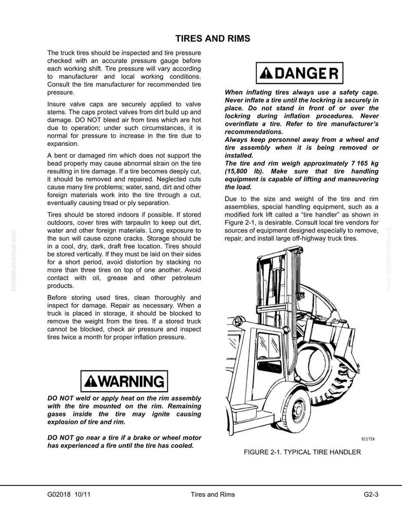 May include: A diagram titled "Tires and Rims" with safety advice and instructions. It features a forklift illustration, tire handling guidelines, and warnings about inflation and storage. Measurements are in kg and lb.