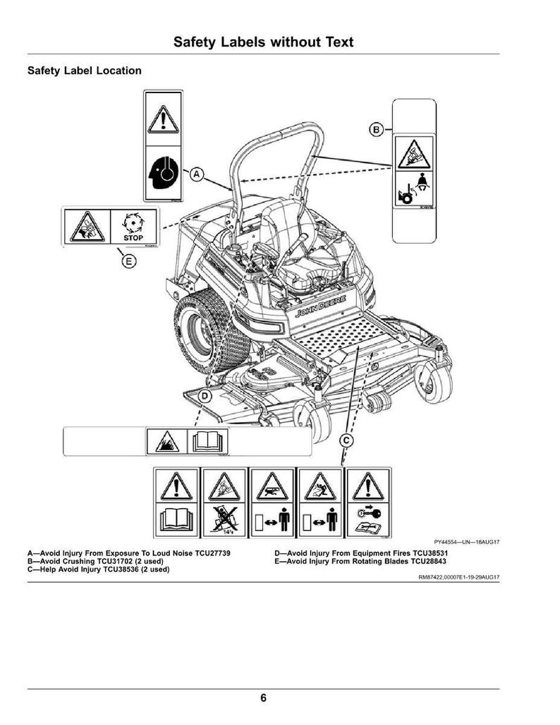 May include: Diagram of a John Deere zero-turn mower with safety label locations indicated. The labels warn against potential hazards, including noise exposure, crushing, and rotating blades. The mower is shown in a detailed, technical illustration.