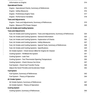 May include: A page from a manual with a table of contents. The headings include Engines, Fuel, Air Intake and Cooling Systems, and Cooling System. Page numbers are listed on the right.