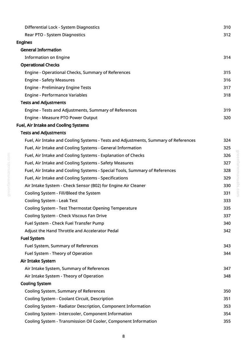 May include: A page from a manual with a table of contents. The headings include Engines, Fuel, Air Intake and Cooling Systems, and Cooling System. Page numbers are listed on the right.