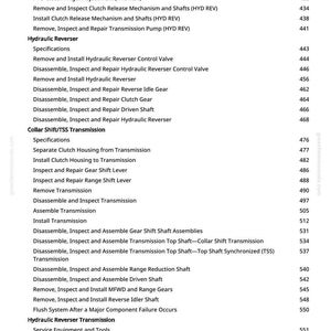 May include: A manual page detailing procedures for hydraulic reverser and transmission components. Includes titles such as "Remove and Install Clutch Assembly" and "Disassemble and Inspect Transmission".