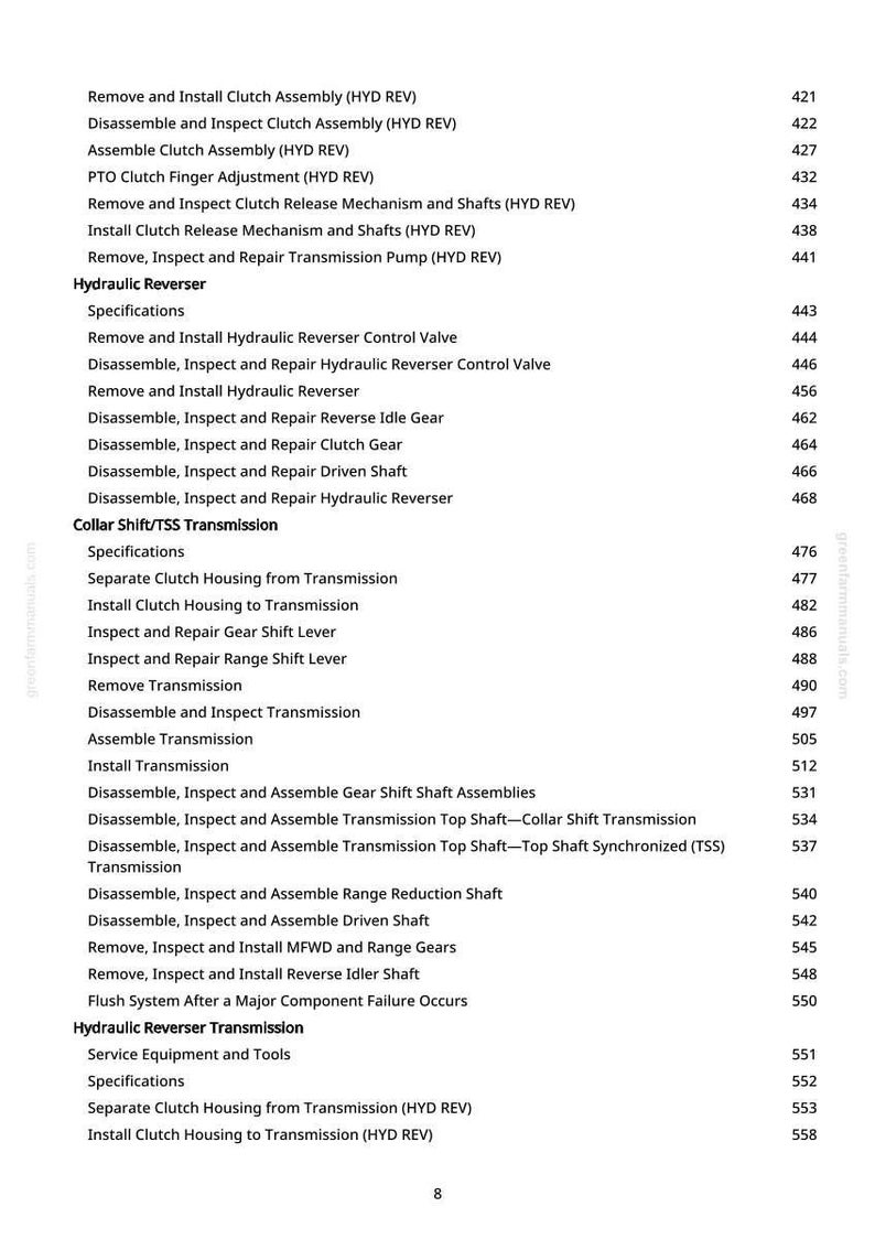 May include: A manual page detailing procedures for hydraulic reverser and transmission components. Includes titles such as "Remove and Install Clutch Assembly" and "Disassemble and Inspect Transmission".