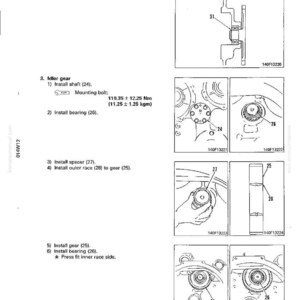 May include: Technical diagram with step-by-step instructions for installing an idler gear. The diagram includes illustrations of parts like the shaft (24), bearing (26), spacer (27), and outer race (28). The text includes a mounting bolt torque specification.