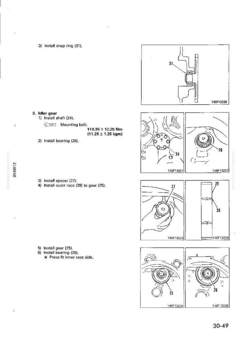May include: Technical diagram with step-by-step instructions for installing an idler gear. The diagram includes illustrations of parts like the shaft (24), bearing (26), spacer (27), and outer race (28). The text includes a mounting bolt torque specification.