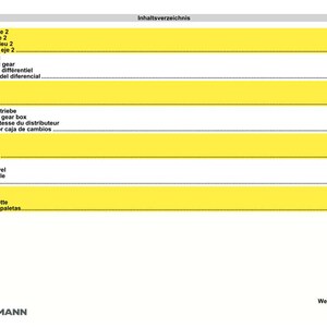 Puede incluir: Una p&aacute;gina de manual titulada "Inhaltsverzeichnis" que muestra una lista de piezas con n&uacute;meros de p&aacute;gina. Los t&eacute;rminos incluyen "Puente del eje", "Diferencial" y "Pala de tractor". El logotipo de Weidemann est&aacute; en la parte inferior.