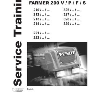 May include: Black and white image of a Fendt tractor's front, part of a service training manual. The manual's title is "Basic training Ek200" and includes the text "FARMER 200 V / P / F / S". The image also includes the Fendt logo.