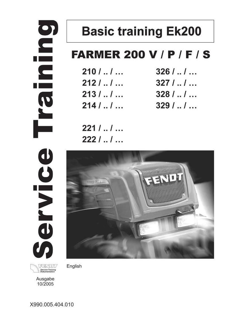 May include: Black and white image of a Fendt tractor's front, part of a service training manual. The manual's title is "Basic training Ek200" and includes the text "FARMER 200 V / P / F / S". The image also includes the Fendt logo.