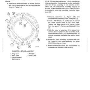 Puede incluir: Diagrama de un conjunto de freno de disco h&uacute;medo con piezas etiquetadas: corona dentada, placa trasera, tornillo, barra plana y engranaje interno. Se incluyen instrucciones y notas, con medidas en pulgadas.