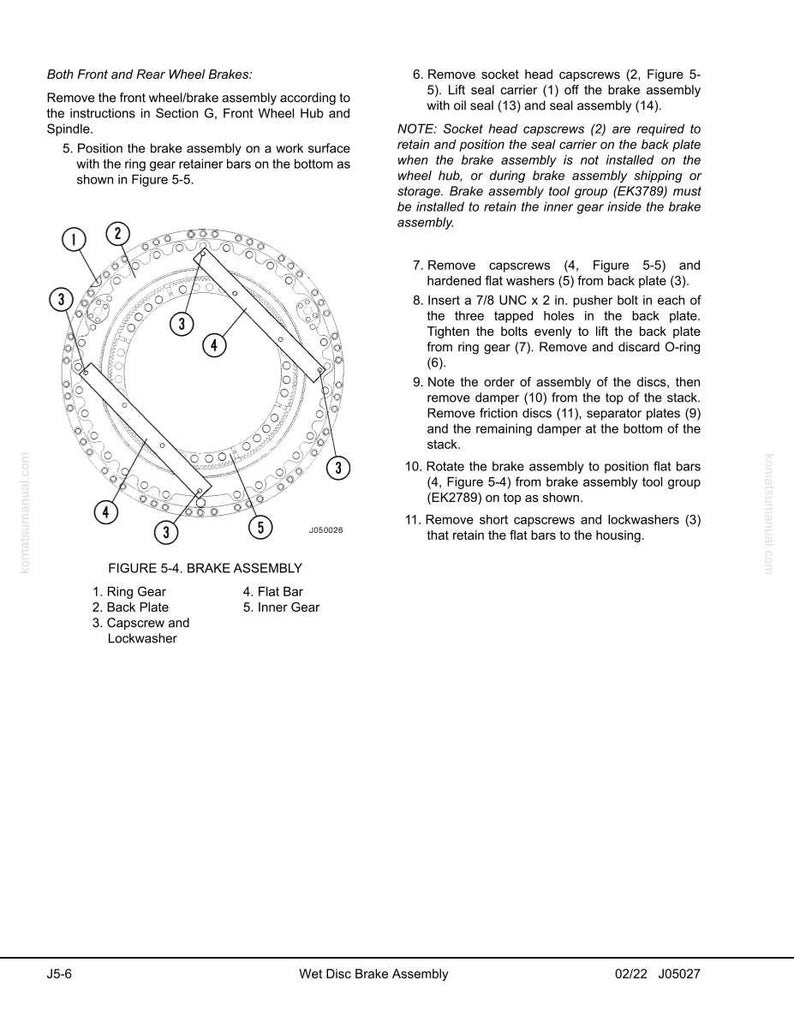 Puede incluir: Diagrama de un conjunto de freno de disco h&uacute;medo con piezas etiquetadas: corona dentada, placa trasera, tornillo, barra plana y engranaje interno. Se incluyen instrucciones y notas, con medidas en pulgadas.