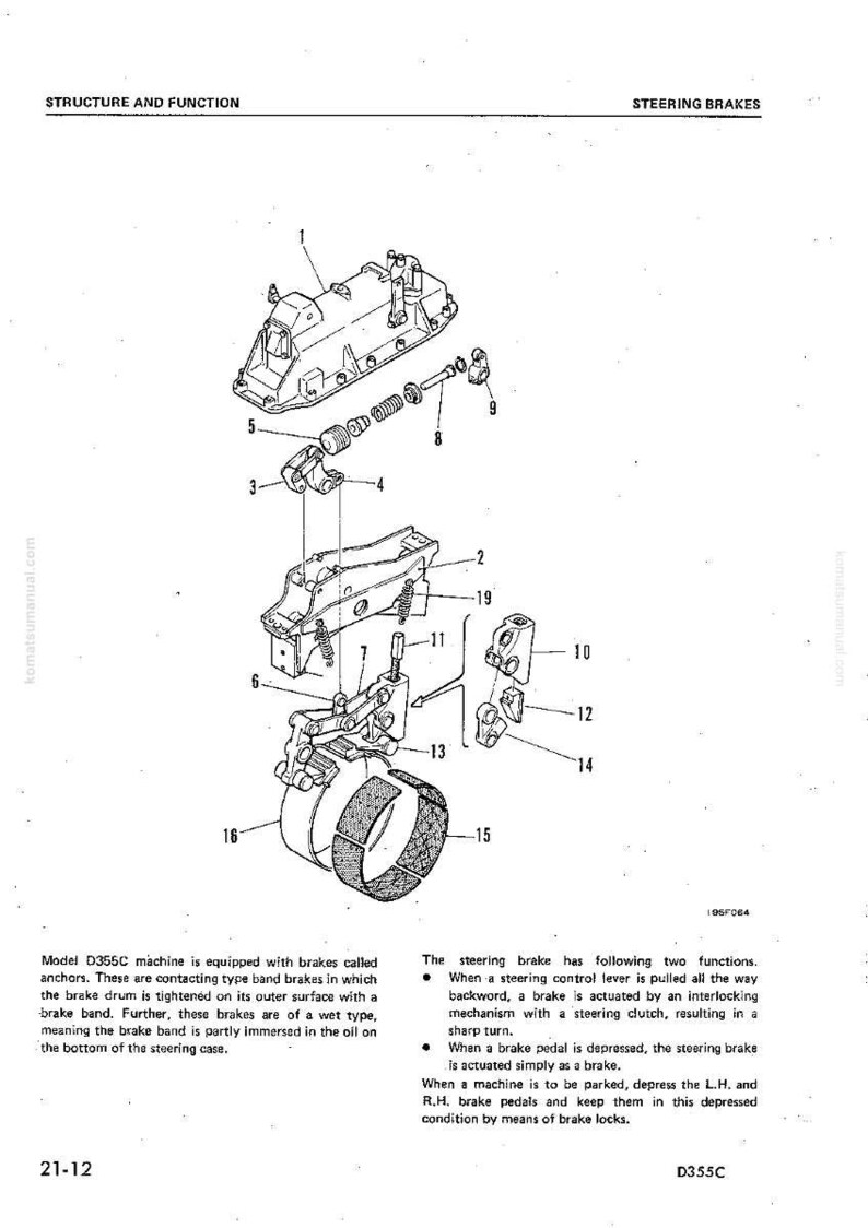 May include: Diagram of a D355C machine steering brake system, showing various components like brake drums, bands, and levers. Text includes "Structure and Function" and "Steering Brakes."