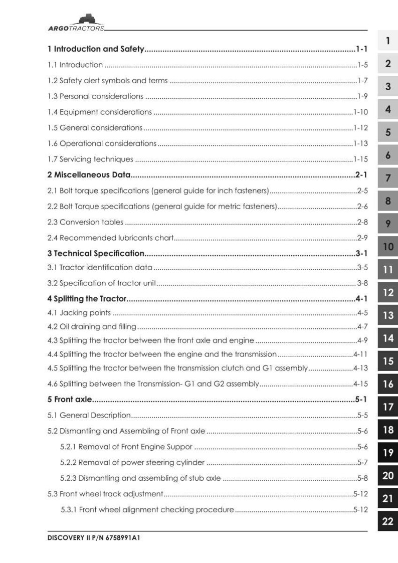 May include: A detailed table of contents from a manual for ARGO tractors. The document is titled "1 Introduction and Safety" and includes sections on equipment, operations, and servicing. The document has a white background with black text.