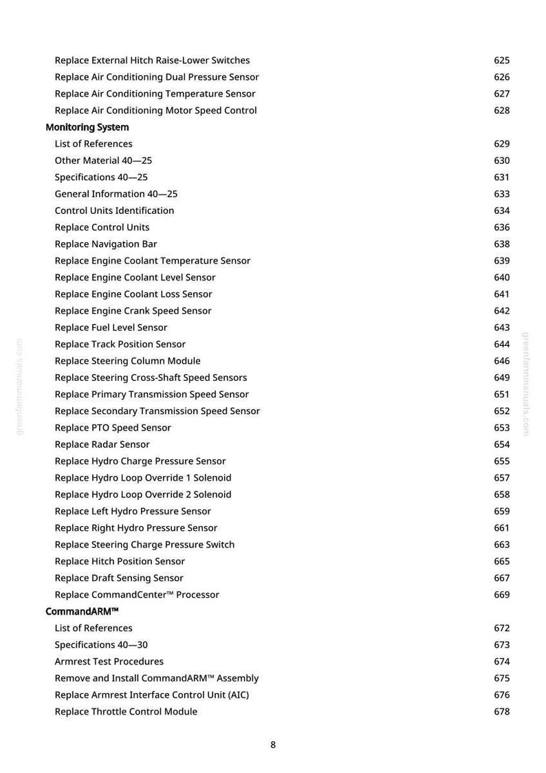 May include: A white page with a list of vehicle component replacement instructions, including sensors, switches, and modules. The text is in black, with section titles and page numbers. The document is from greenfarmmanuals.com.