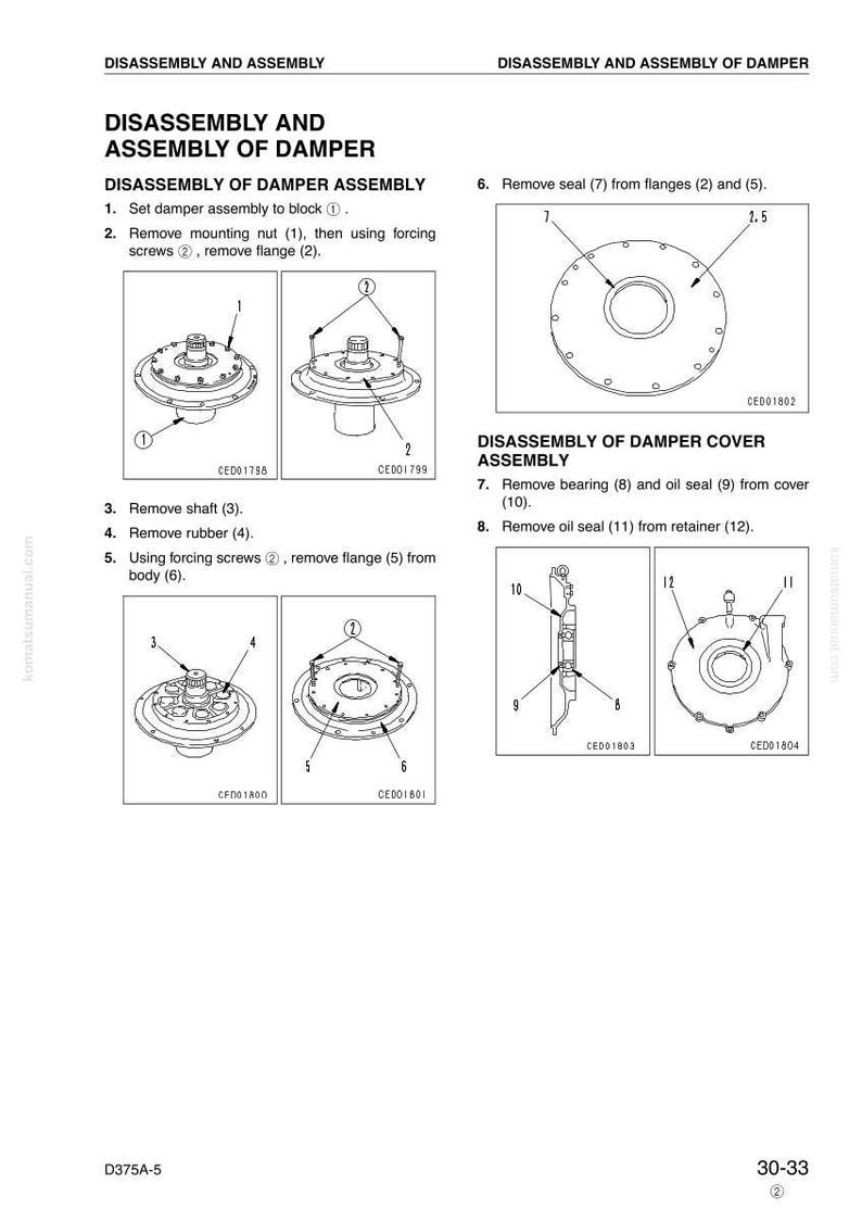 Pu&ograve; includere: Diagramma di smontaggio del gruppo ammortizzatore, che mostra la rimozione del dado di montaggio, della flangia, dell'albero e della guarnizione. Illustrazioni dettagliate con componenti numerati.