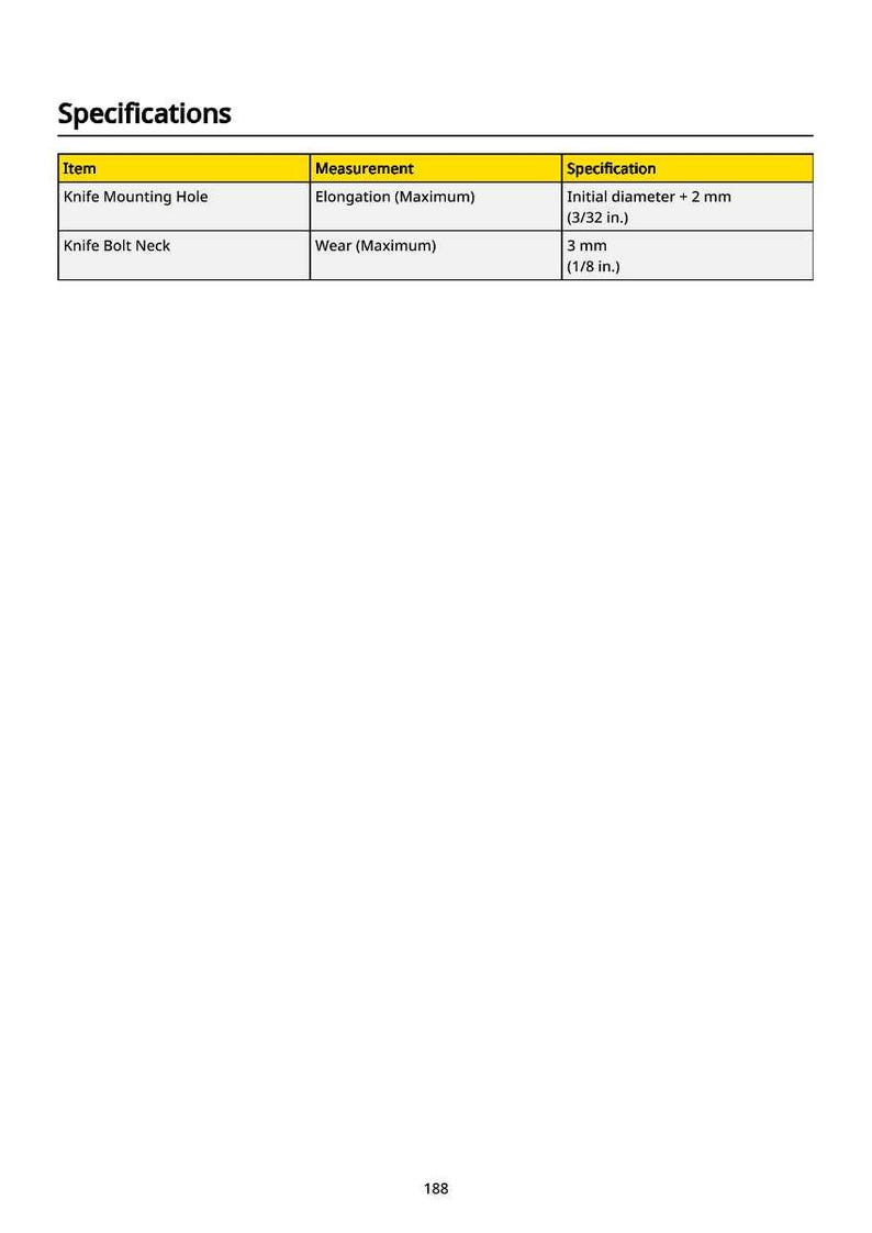 May include: A table of specifications with the title "Specifications". The table includes the items "Knife Mounting Hole" and "Knife Bolt Neck", with measurements and specifications in inches.