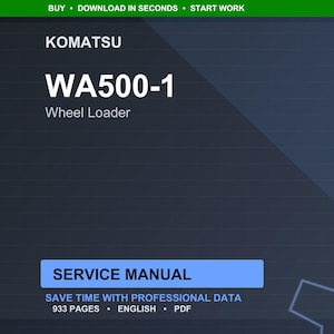 May include: A digital service manual for a Komatsu WA500-1 Wheel Loader. The cover is dark blue with white text that reads "KOMATSU WA500-1 Wheel Loader". The manual is labeled "SERVICE MANUAL" and contains 933 pages of English PDF data.