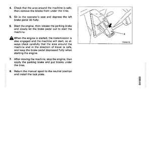 May include: A page from a manual with the title "Testing and Adjusting" and "Method of Operating Emergency Manual Spool". The page includes text instructions and a diagram of a brake pedal and related components.