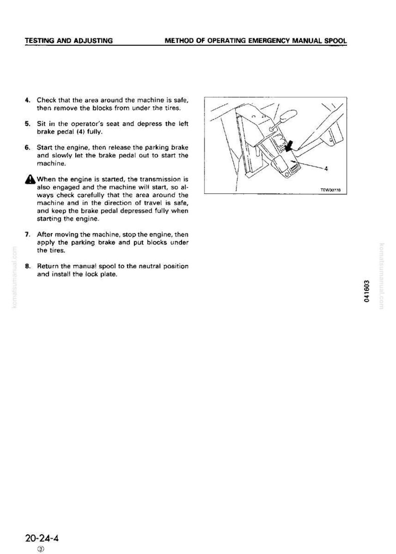 May include: A page from a manual with the title "Testing and Adjusting" and "Method of Operating Emergency Manual Spool". The page includes text instructions and a diagram of a brake pedal and related components.