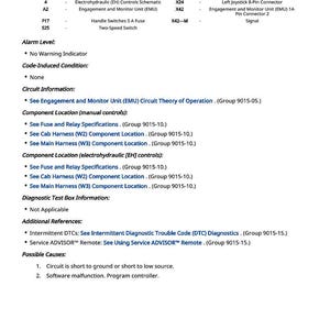 May include: A detailed technical document with a legend, circuit information, and diagnostic test box information. The document includes a list of possible causes for a circuit malfunction and additional references. The text is in black font on a white background.