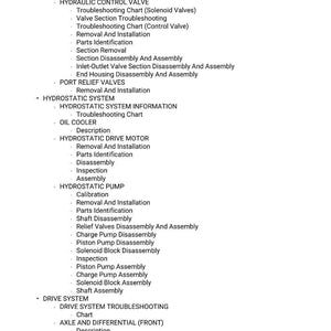 K&ouml;nnte beinhalten: Eine detaillierte technische Zeichnung auf wei&szlig;em Hintergrund, die verschiedene Komponenten und Verfahren auflistet. Der Text enth&auml;lt Begriffe wie "Hydraulikfl&uuml;ssigkeitsbeh&auml;lter", "Lenkventil" und "Fehlersuchdiagramm".