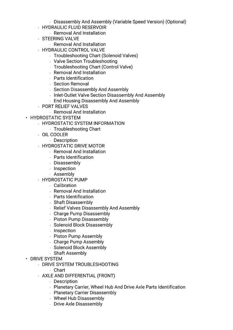 K&ouml;nnte beinhalten: Eine detaillierte technische Zeichnung auf wei&szlig;em Hintergrund, die verschiedene Komponenten und Verfahren auflistet. Der Text enth&auml;lt Begriffe wie "Hydraulikfl&uuml;ssigkeitsbeh&auml;lter", "Lenkventil" und "Fehlersuchdiagramm".