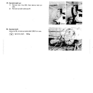 May include: A manual page detailing the disassembly and assembly of a final drive component. Instructions are provided for removing a sprocket shaft nut and the sprocket shaft. The sprocket shaft weighs 42 kg.