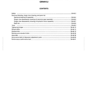 Puede incluir: Documento blanco con el t&iacute;tulo "DESMONTAJE, MONTAJE DEL MOTOR DE TRACCI&Oacute;N GM09VL2". El documento incluye una tabla de contenidos con temas como seguridad, dibujos seccionales y procedimientos de montaje. El documento es para un motor de tracci&oacute;n.