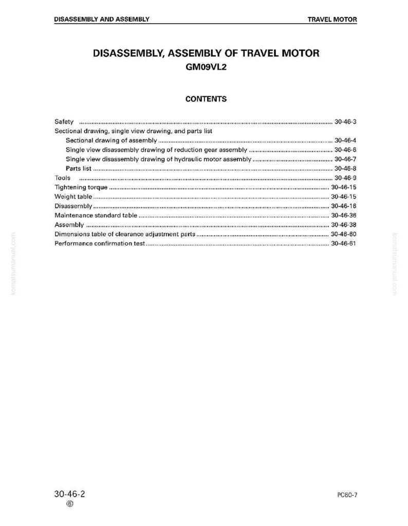 Puede incluir: Documento blanco con el t&iacute;tulo "DESMONTAJE, MONTAJE DEL MOTOR DE TRACCI&Oacute;N GM09VL2". El documento incluye una tabla de contenidos con temas como seguridad, dibujos seccionales y procedimientos de montaje. El documento es para un motor de tracci&oacute;n.
