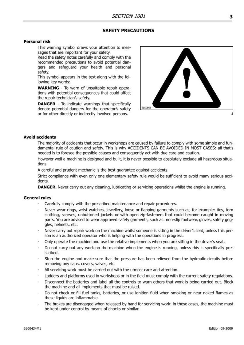 May include: A safety document titled "SAFETY PRECAUTIONS" featuring a black warning triangle with an exclamation mark. The document details safety advice and warnings, crucial for machinery operation and maintenance.