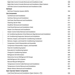 May include: A manual page detailing vehicle maintenance procedures. The text lists tasks such as control console removal, air conditioning servicing, and cab component installation, with corresponding page numbers.