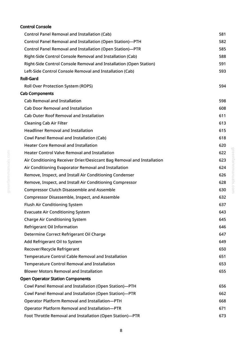 May include: A manual page detailing vehicle maintenance procedures. The text lists tasks such as control console removal, air conditioning servicing, and cab component installation, with corresponding page numbers.