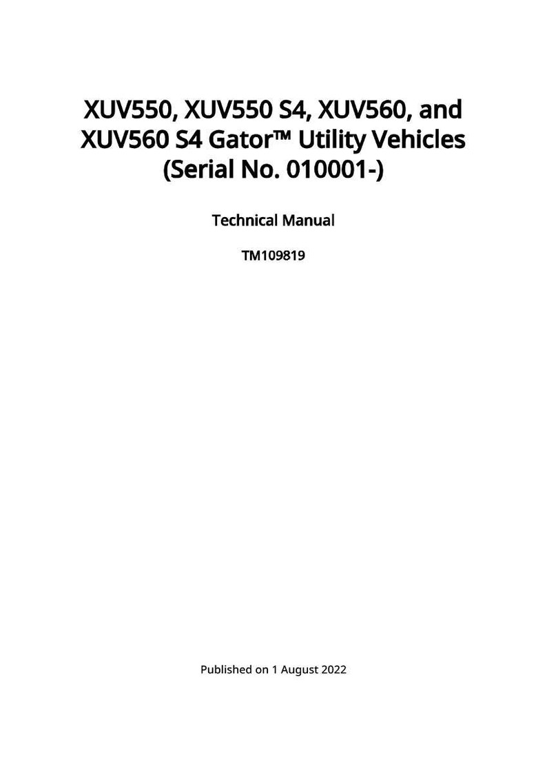 May include: White document with black text detailing XUV550, XUV550 S4, XUV560, and XUV560 S4 Gator&trade; Utility Vehicles. The document is a technical manual, serial number 010001, published on August 1, 2022.