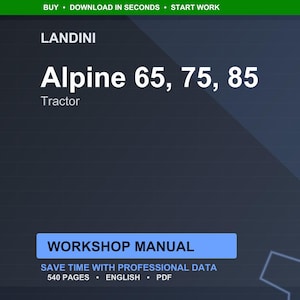 Pu&ograve; includere: Un manuale di officina digitale per trattori Landini Alpine 65, 75 e 85. Il titolo &egrave; in grande testo bianco, con la parola "Tractor" sotto. Il manuale &egrave; pubblicizzato per risparmiare tempo con dati professionali, con 540 pagine, in inglese e formato PDF.