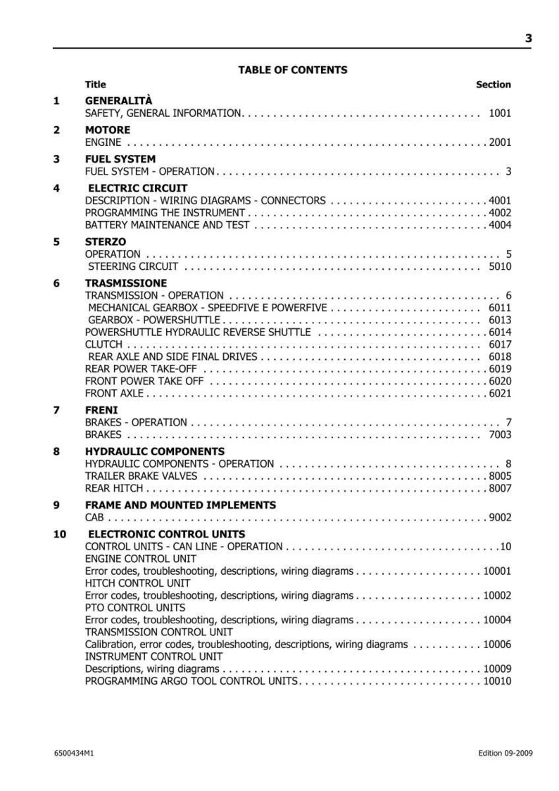 May include: A manual's contents page, titled "Table of Contents", listing sections such as "Engine", "Fuel System", and "Electric Circuit". The document is dated 09-2009.
