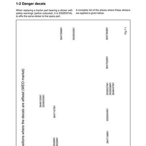 May include: Diagram titled "Working in Safety" with text and part numbers. The diagram includes a list of danger decals and their placement on a tractor part. The text includes the phrase "Positions where the decals are affixed (WEO market)."