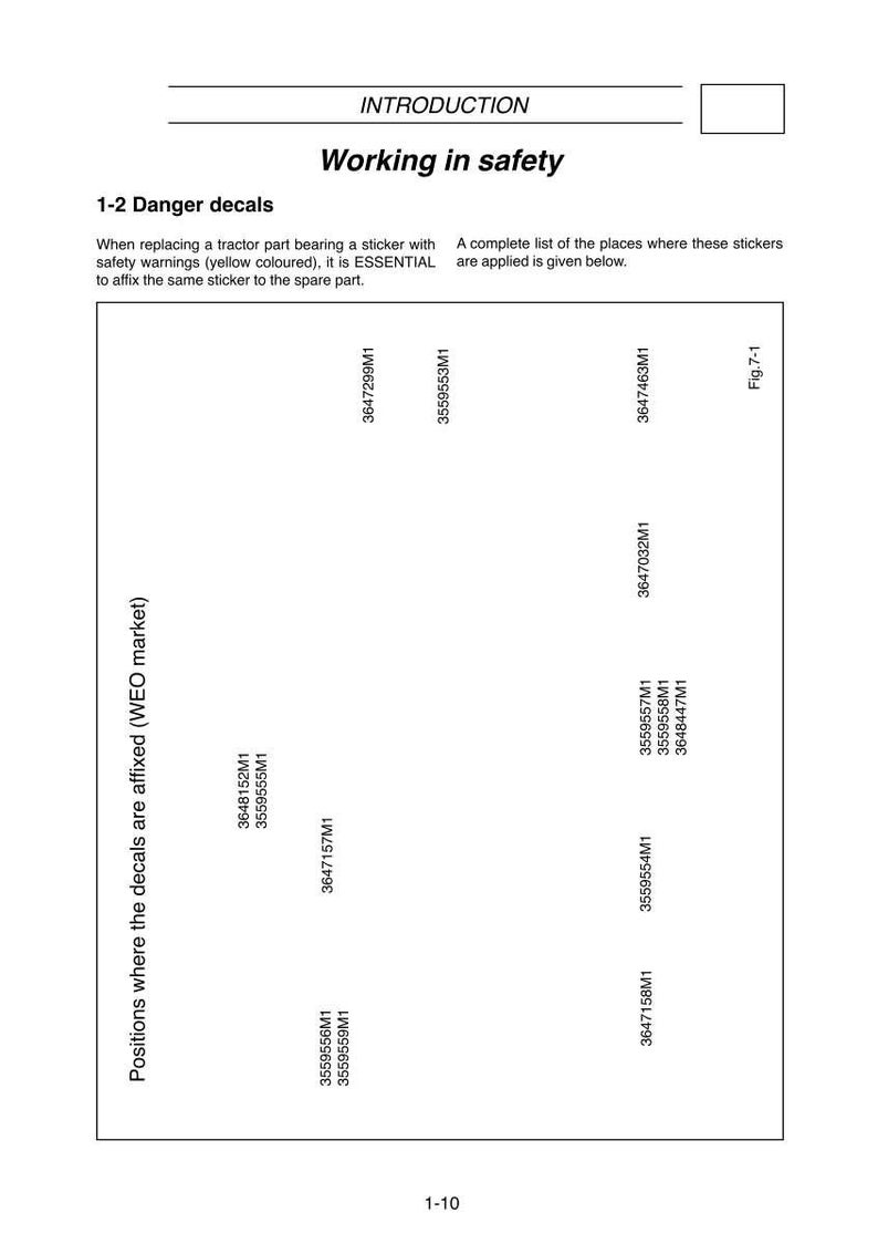 May include: Diagram titled "Working in Safety" with text and part numbers. The diagram includes a list of danger decals and their placement on a tractor part. The text includes the phrase "Positions where the decals are affixed (WEO market)."